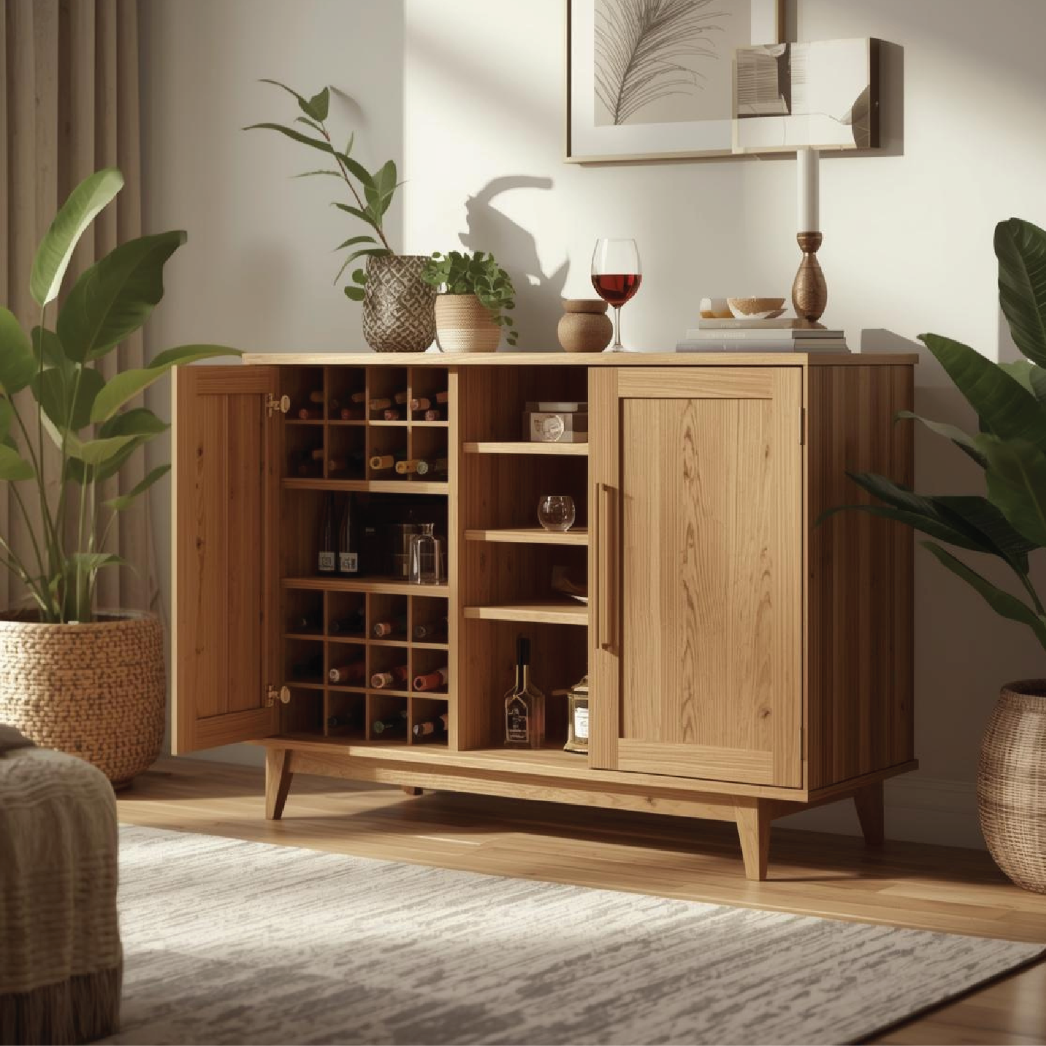 Handcrafted Solid Wood Wine Cabinet with Bottle Storage Modern Home Bar Sideboard