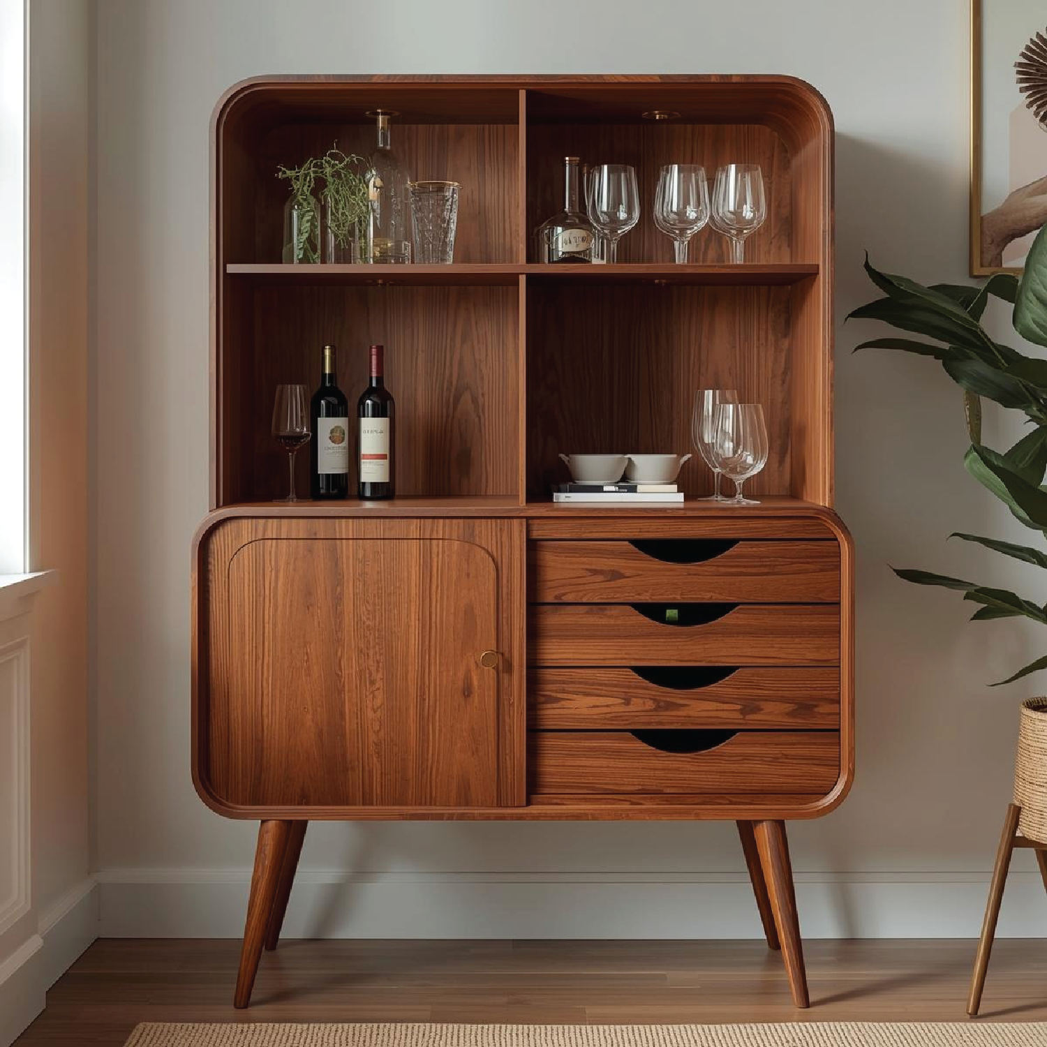 Handcrafted Solid Wood Wine Cabinet Mid Century Bar Storage with Shelves and Drawers