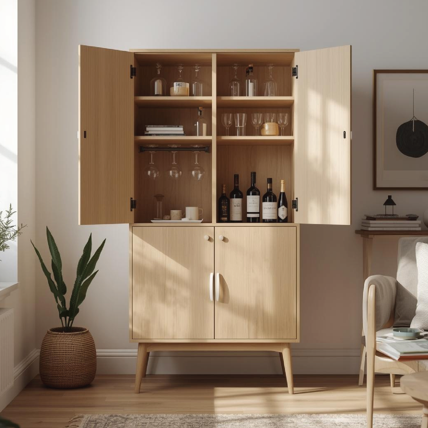 Handcrafted Solid Wood Wine Cabinet Scandinavian Style Bar Storage with Glass Rack