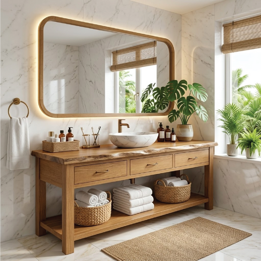 Elegant Wooden Bathroom Vanity with Spacious Storage and Marble Sink Kitchnce