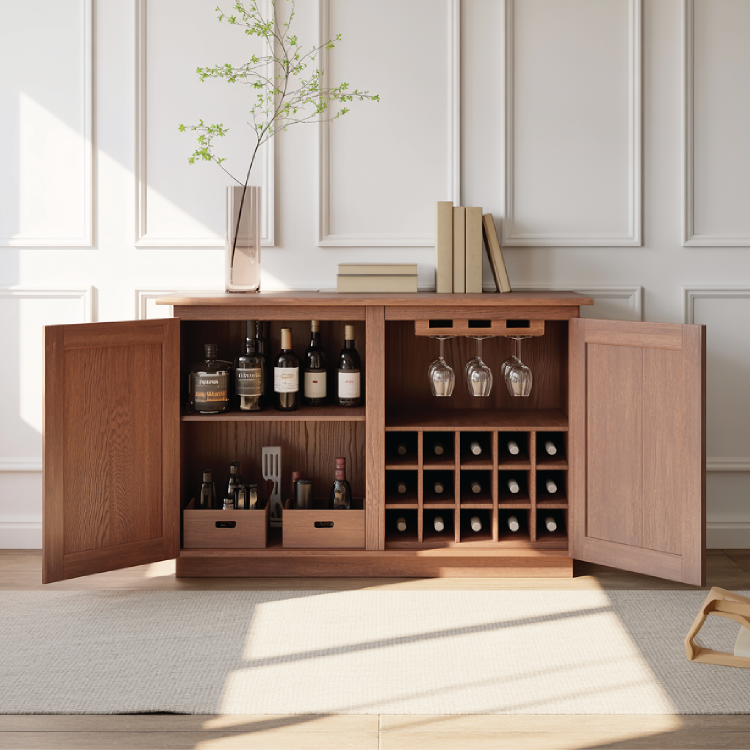 Handcrafted Solid Wood Wine Cabinet Sideboard with Glass Rack Mid Century Bar Storage