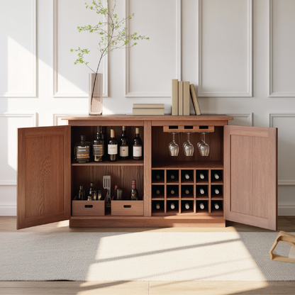 Handcrafted Solid Wood Wine Cabinet Sideboard with Glass Rack Mid Century Bar Storage