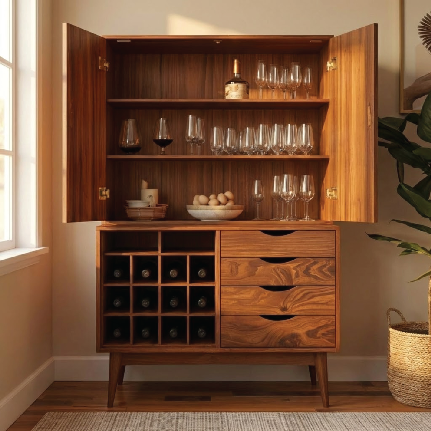 Handcrafted Solid Wood Wine Cabinet Mid Century Bar Storage with Drawers and Bottle Rack