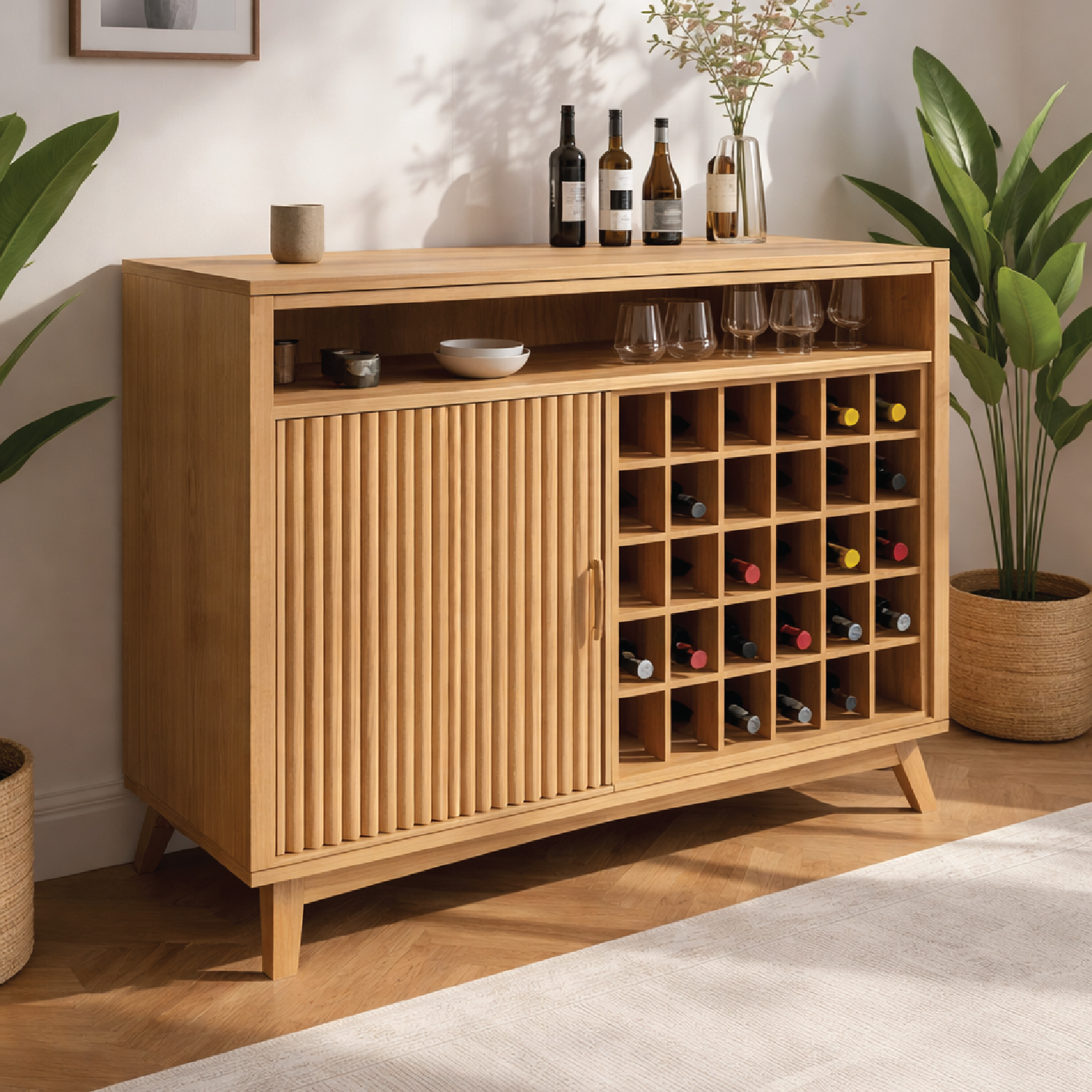 Solid Wood Wine Cabinet with Slatted Door and Bottle Rack Storage