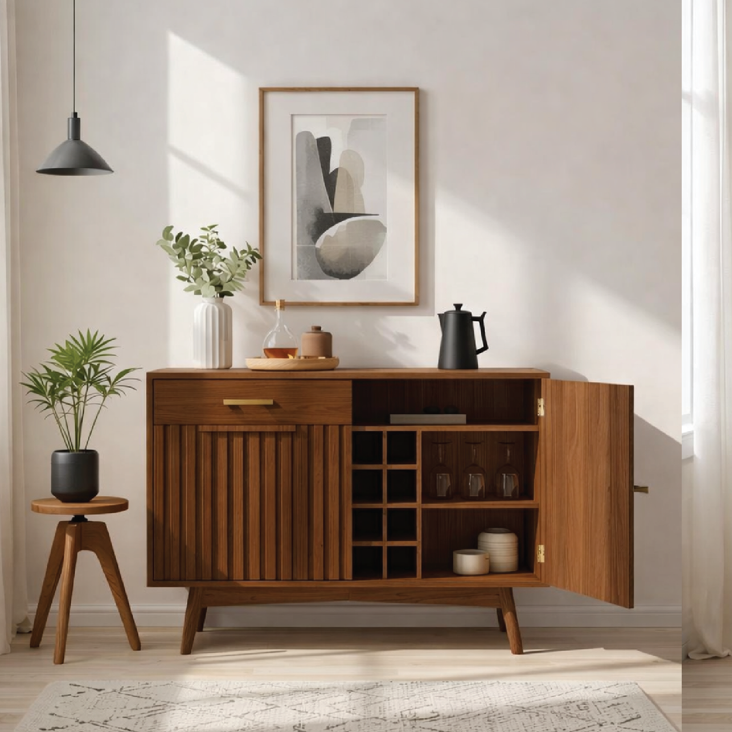 Mid Century Modern Solid Wood Wine Bar Cabinet with Bottle Rack and Glass Storage