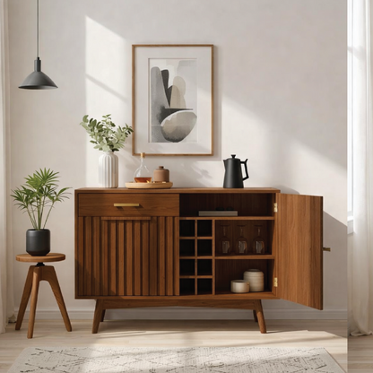 Mid Century Modern Solid Wood Wine Bar Cabinet with Bottle Rack and Glass Storage