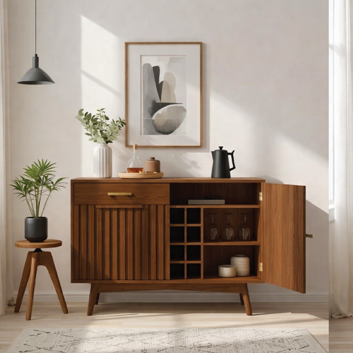Mid Century Modern Solid Wood Wine Bar Cabinet with Bottle Rack and Glass Storage