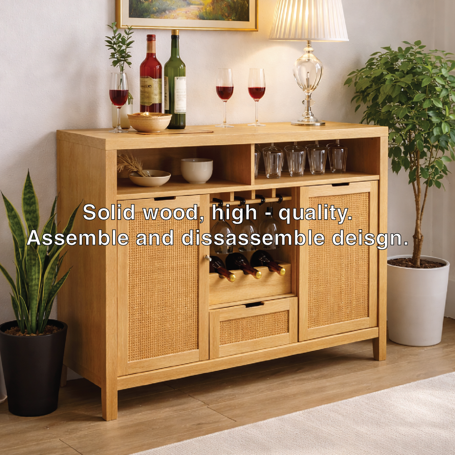 Solid Wood Wine Cabinet with Rattan Doors and Glass Rack Storage
