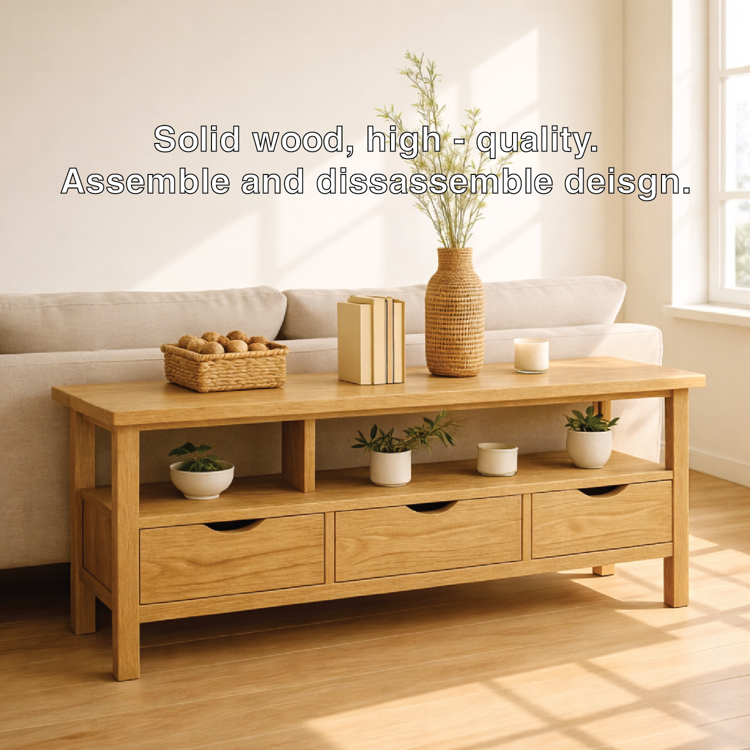Solid Wood Console Table with Drawers and Shelf, Modern Entryway Sofa Table Wood Storage Cabinet