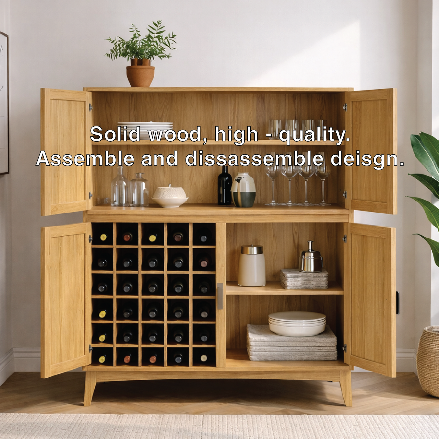 Handcrafted Solid Wood Wine Cabinet with Bottle Rack and Storage Shelves