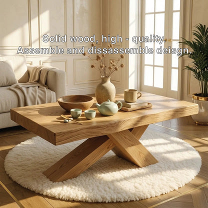 Rustic Solid Wood Coffee Table with X-shaped Legs and Natural Finish Kitchnce