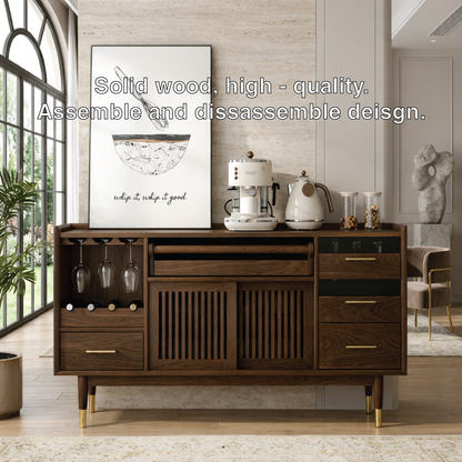 Luxury Modern Wooden Coffee Bar Cabinet, Fluted Sideboard with Wineglass Storage