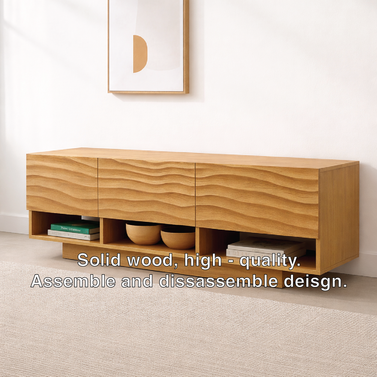 Modern Solid Wood Console Table, Minimalist Oak Media Console Cabinet with Storage Shelves Kitchnce