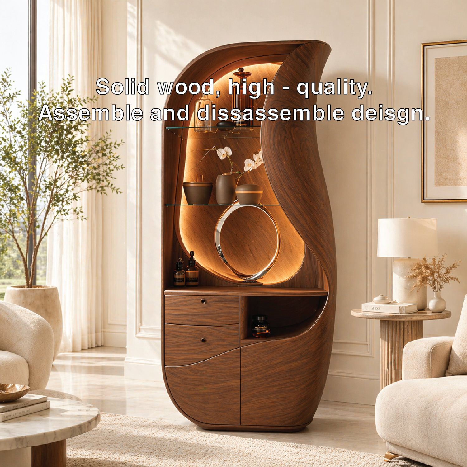Sculptural Bar Cabinet Modern Display Shelves Accent Storage Cabinet Statement Furniture