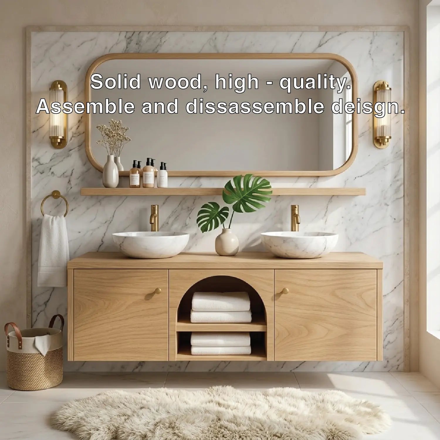 Double Sink Floating Vanity with Wooden Base and Elegant Gold Fixtures Kitchnce