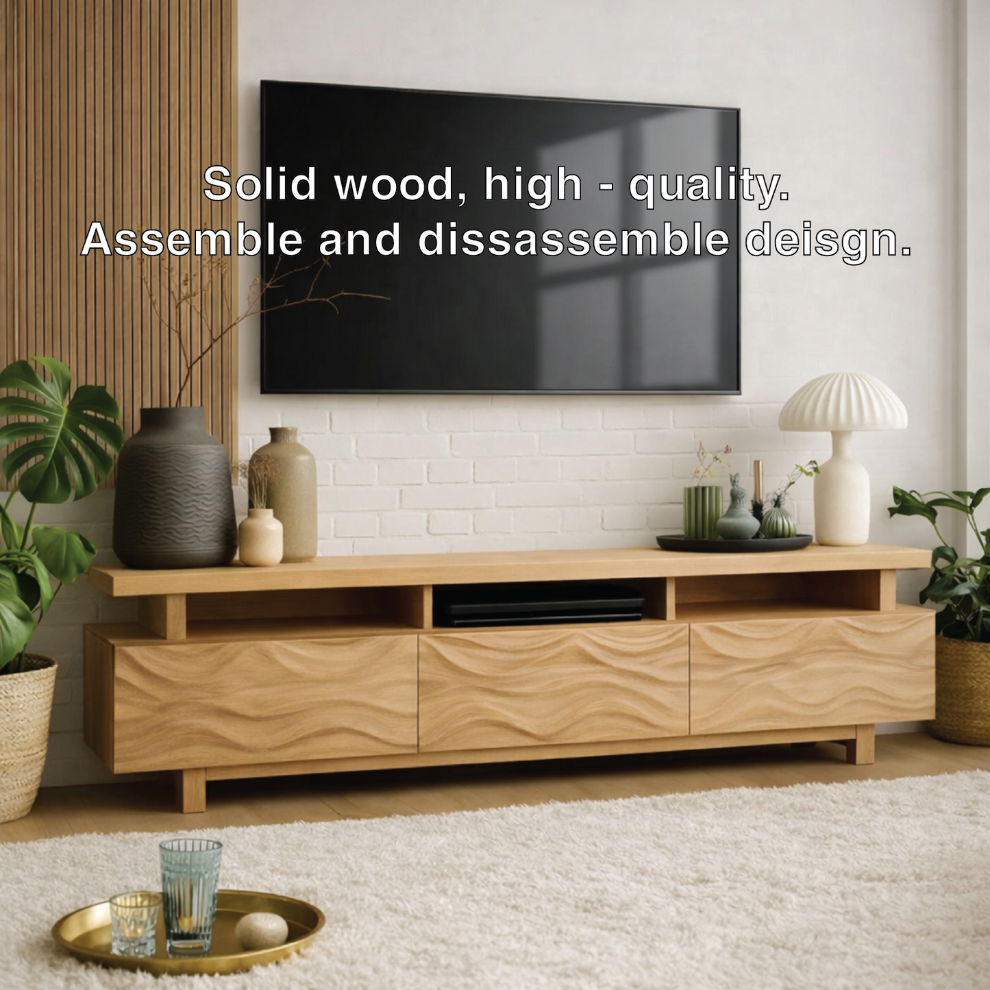 Mid Century Solid Wood TV Stand Long Media Console Modern Entertainment Cabinet Kitchnce