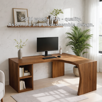 Modern L-Shaped Solid Wood Desk with Live Edge Corner Design – Walnut Home Office Workstation