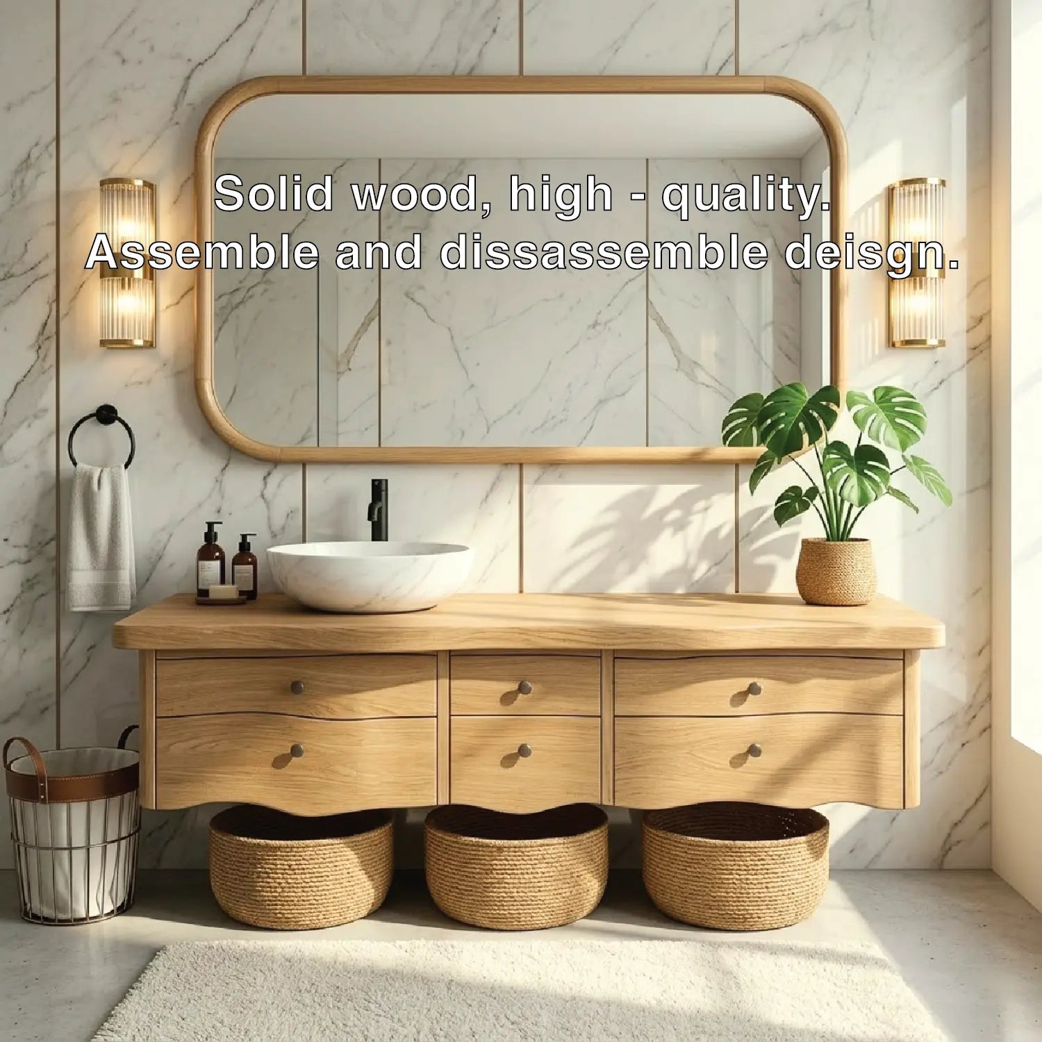 Rustic Double Sink Floating Vanity with Wooden Base and Black Faucets Kitchnce