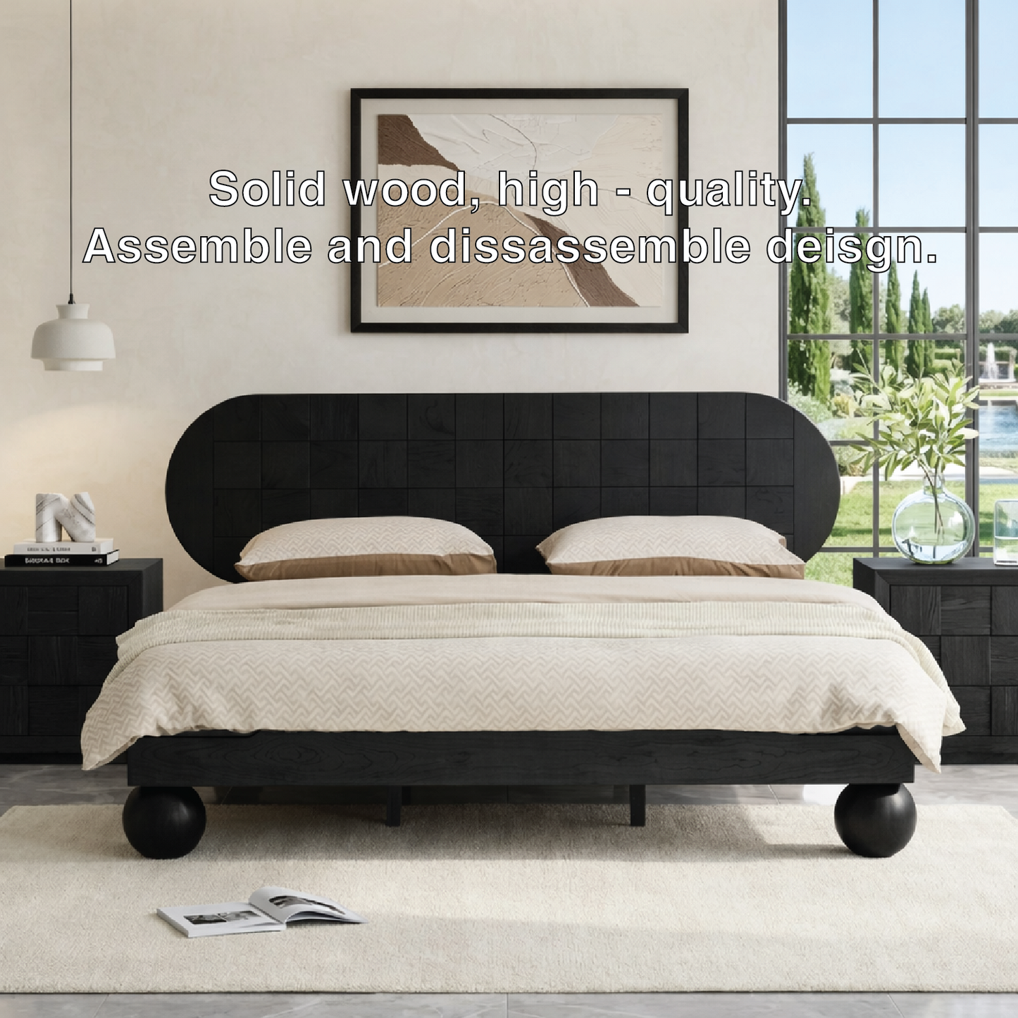 Mid Century Modern Bed Frame, Rounded Headboard Platform Bedroom Furniture
