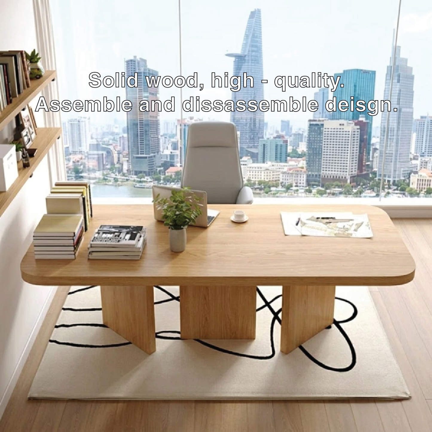 Modern Executive Desk with Rounded Corners, Large Minimalist Office Writing Table