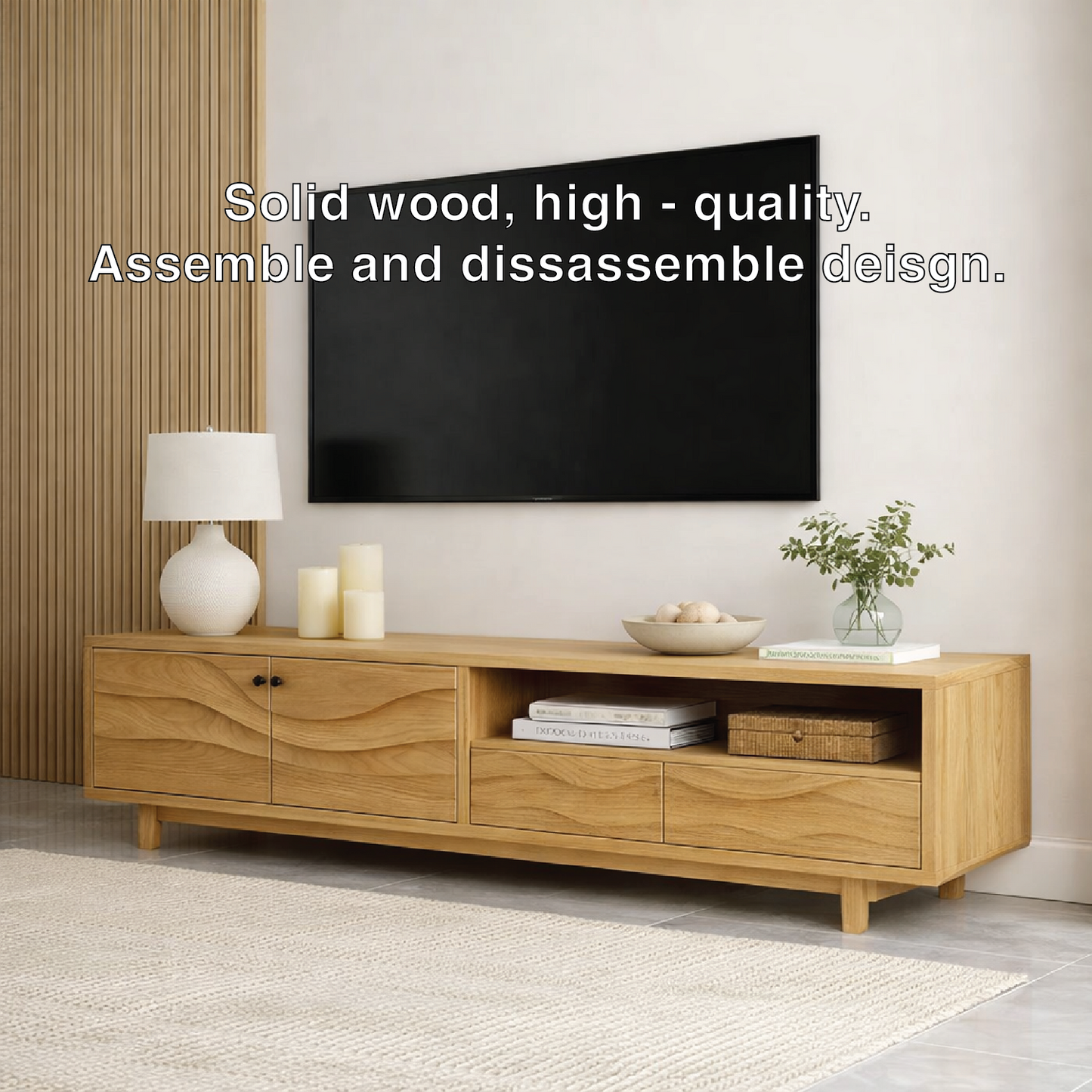 Mid Century Solid Wood TV Stand Long Media Console Modern Entertainment Cabinet Kitchnce