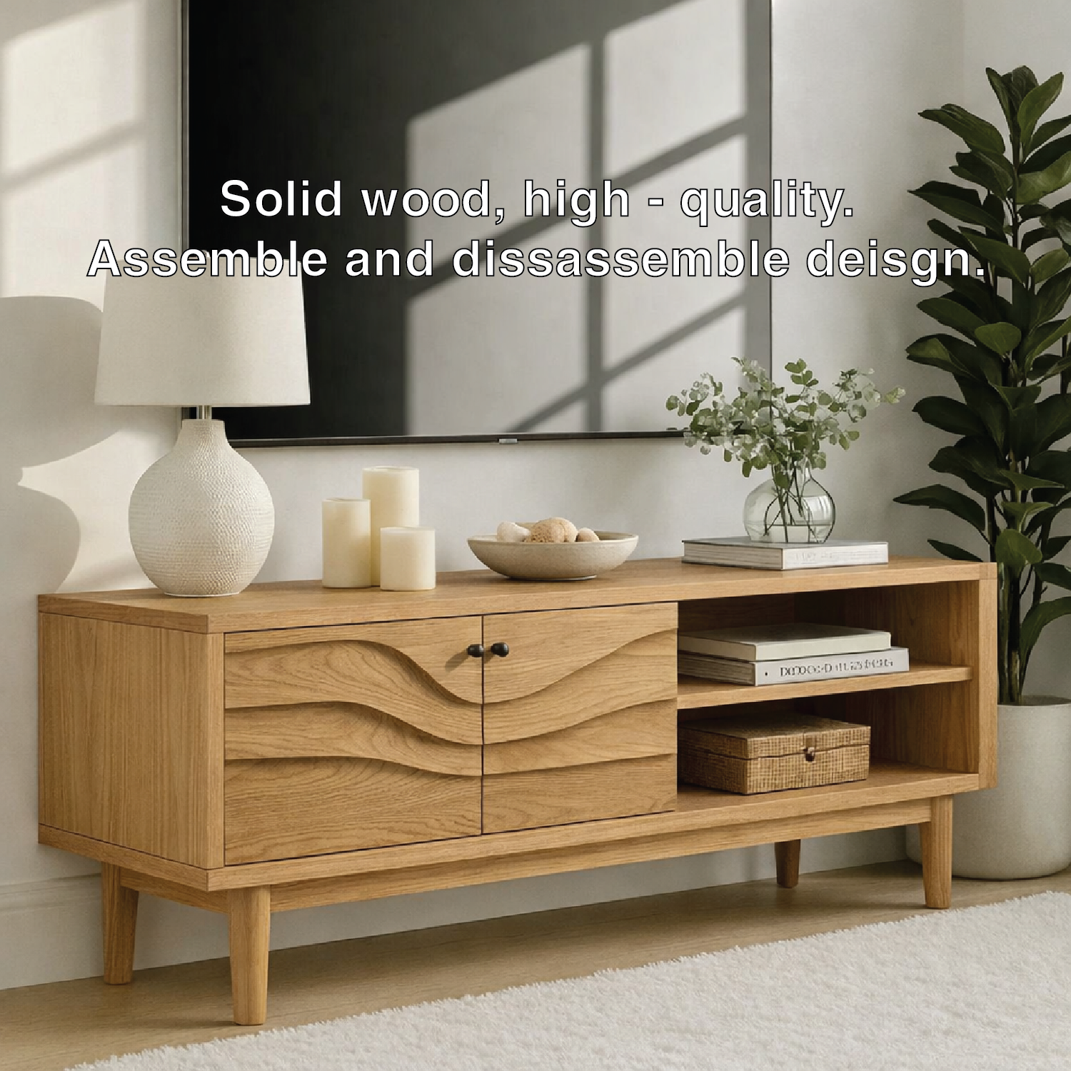 Mid Century Solid Wood TV Stand Wave Front Media Console Modern Entertainment Cabinet Kitchnce