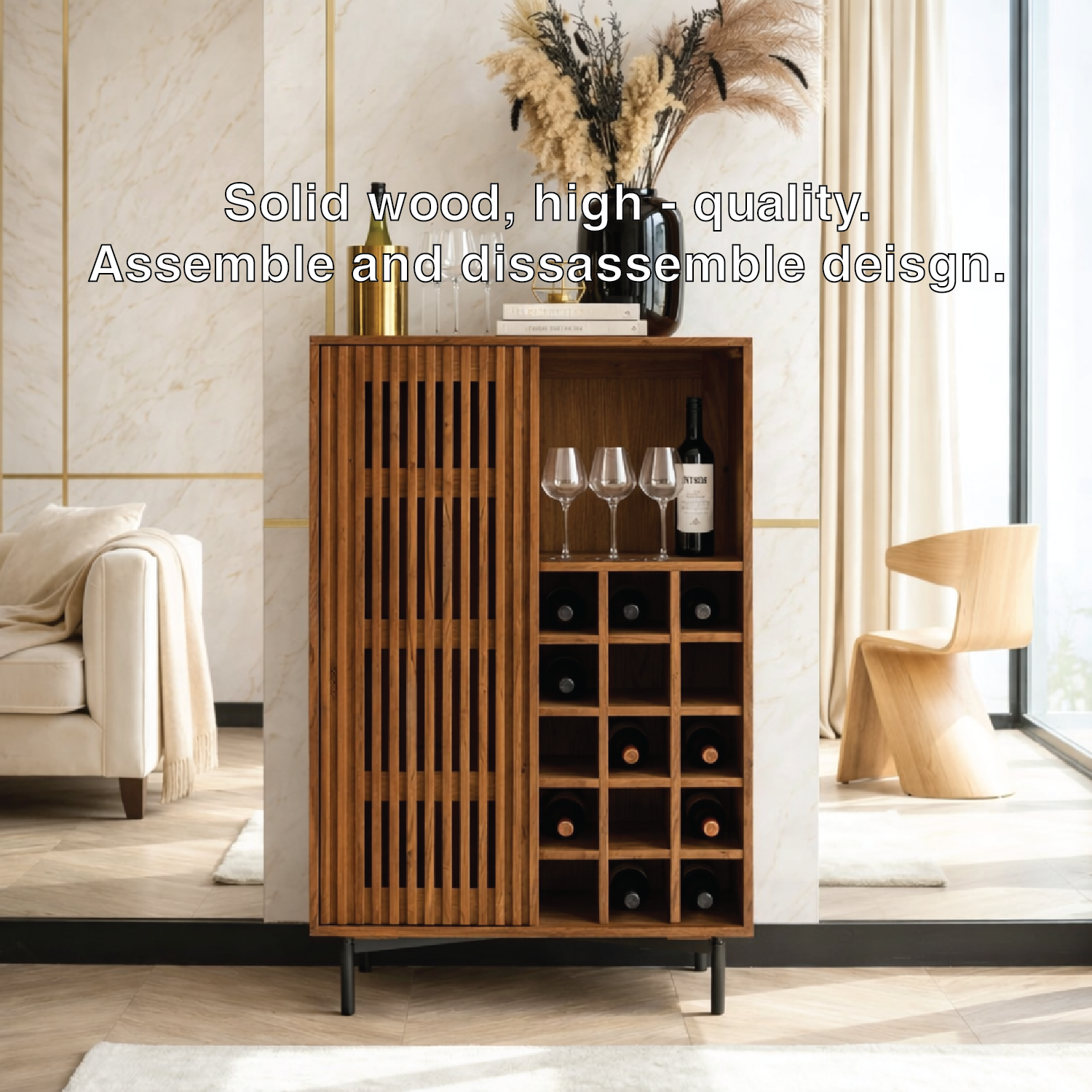 Premium Modern Fluted Wooden Bar Cabinet, Wine Storage Glassware Display Console