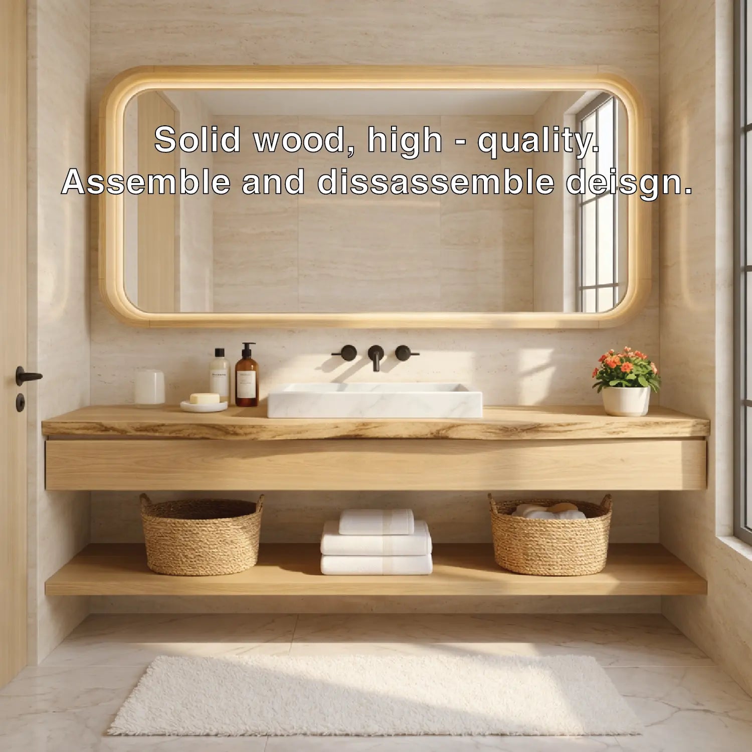 Natural Wood Floating Vanity with Round Mirror and Black Faucets Kitchnce