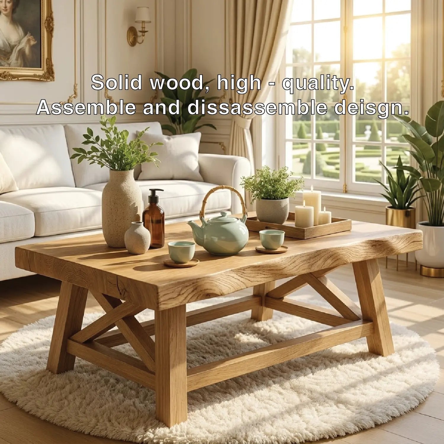 Handcrafted Wooden Coffee Table with X-Shaped Support, Natural Rustic Finish Kitchnce