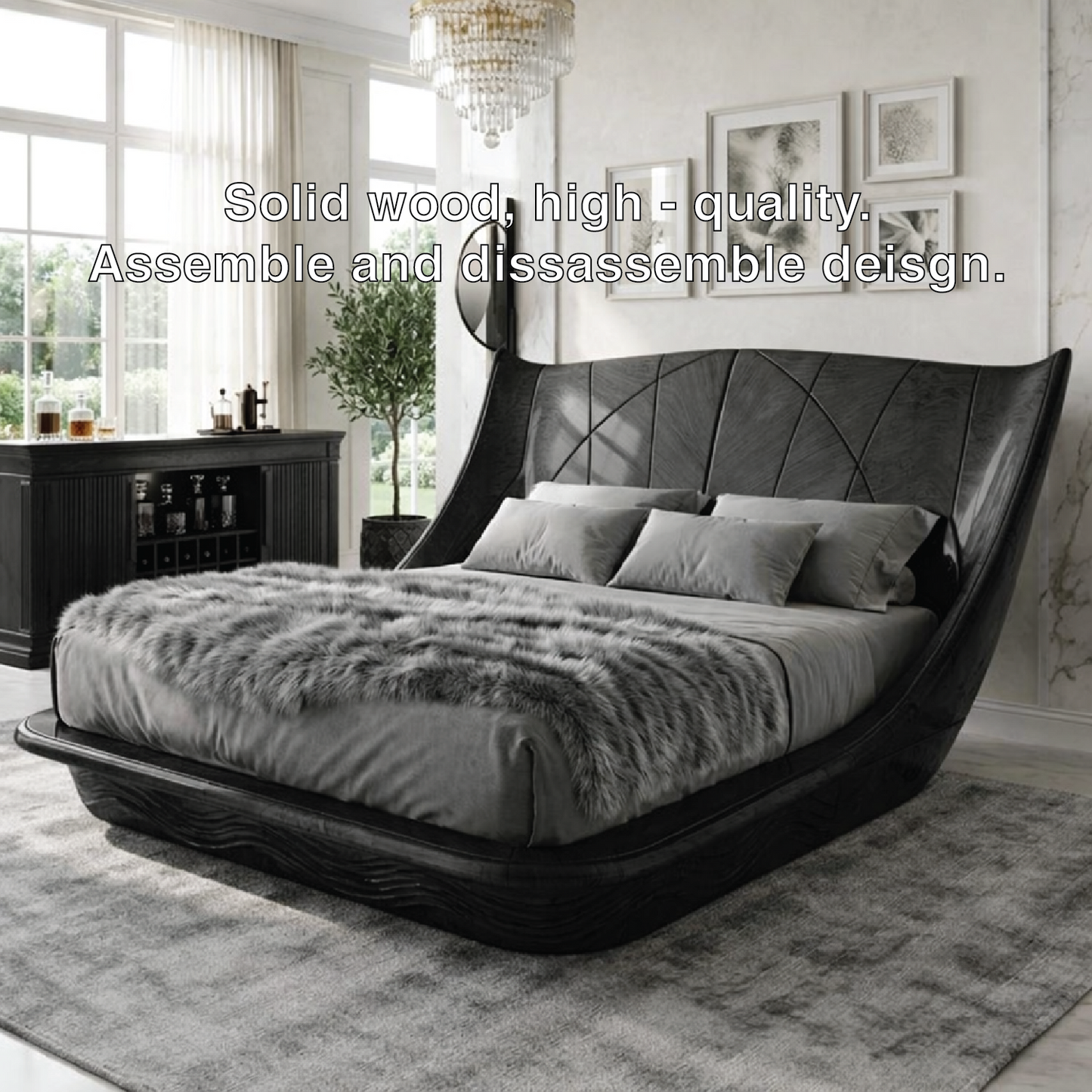 Luxury Curved Wingback Bed Frame, Modern Statement Platform Bedroom Furniture Design