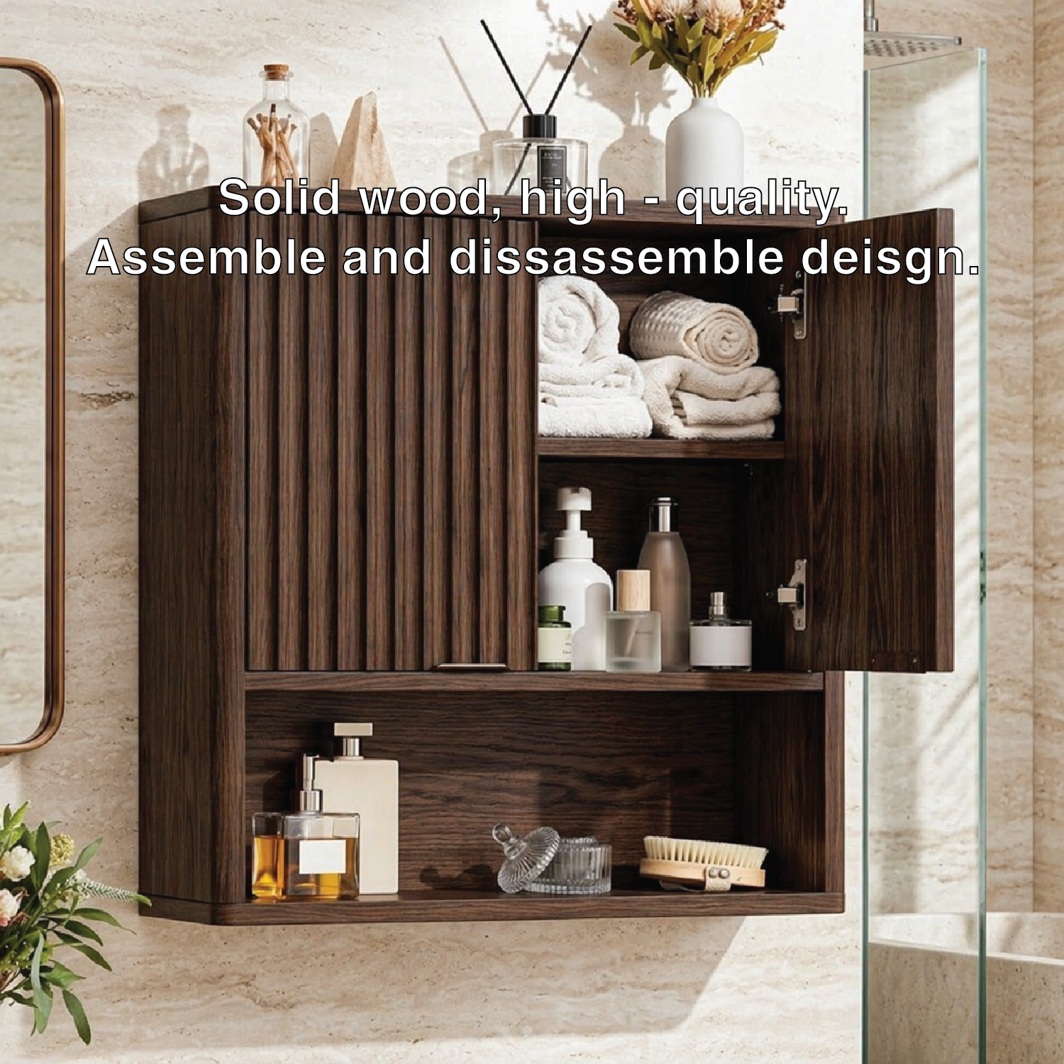 Floating Bathroom Cabinet, Modern Fluted Wall Mounted Vanity Storage Organizer Unit