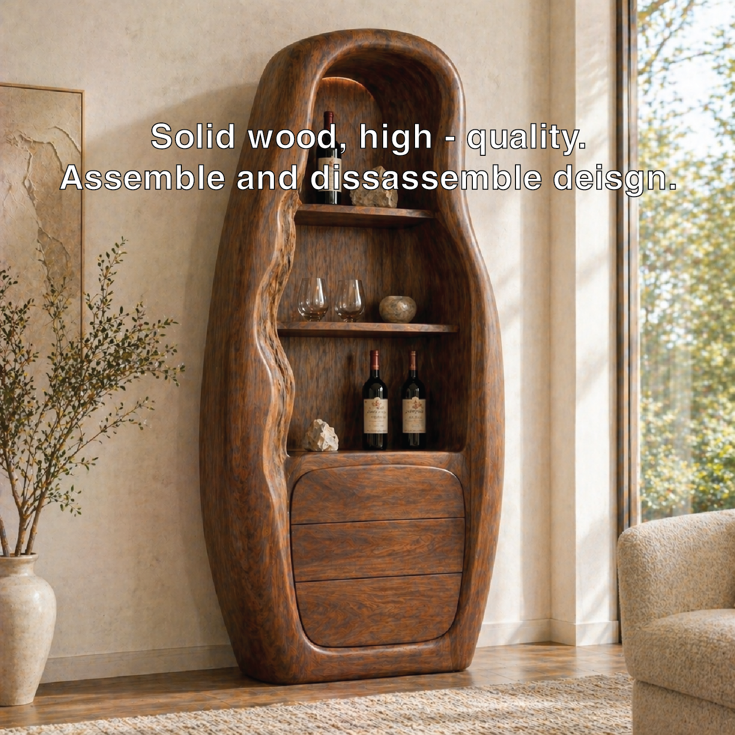 Sculptural Tall Wine Cabinet Freestanding Bar Storage Display Shelves With Drawers
