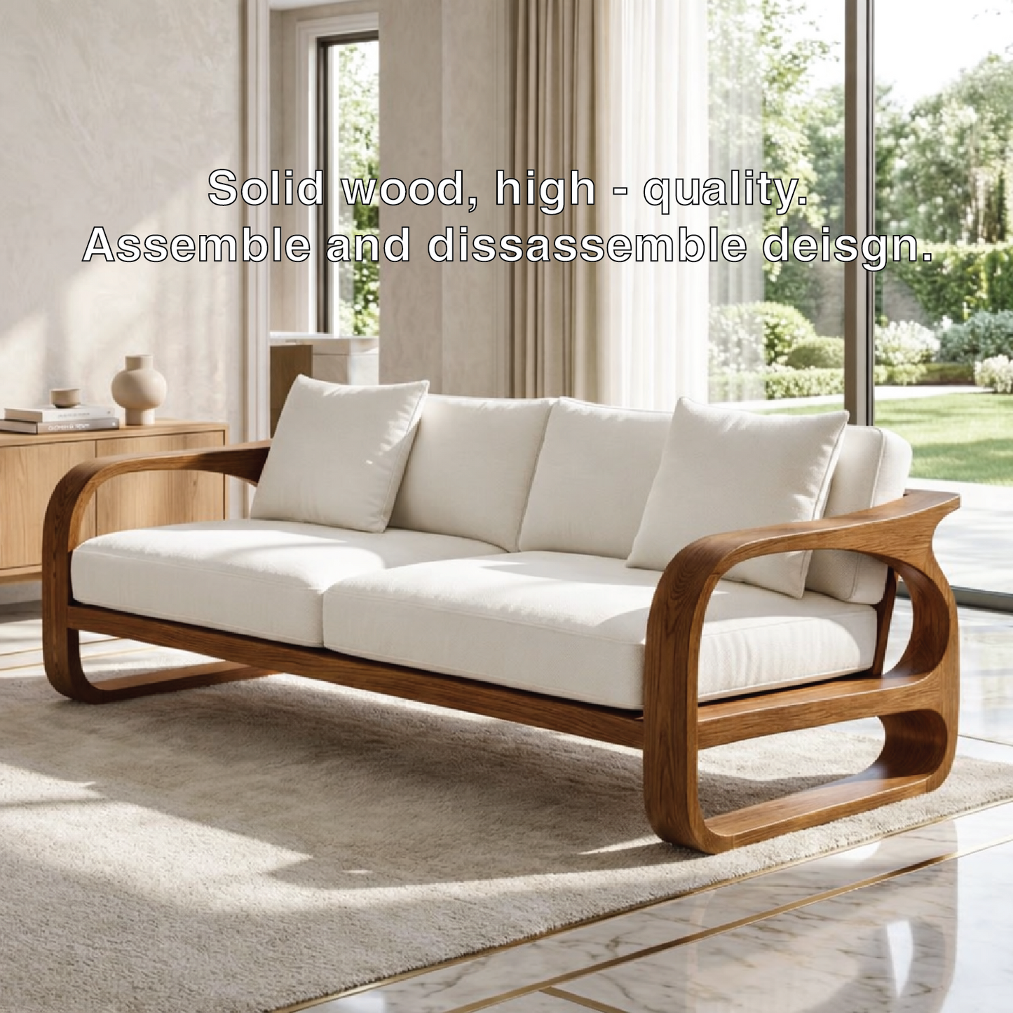 Modern Sculptural Solid Wood Sofa with White Fabric Cushions Luxury Scandi Couch