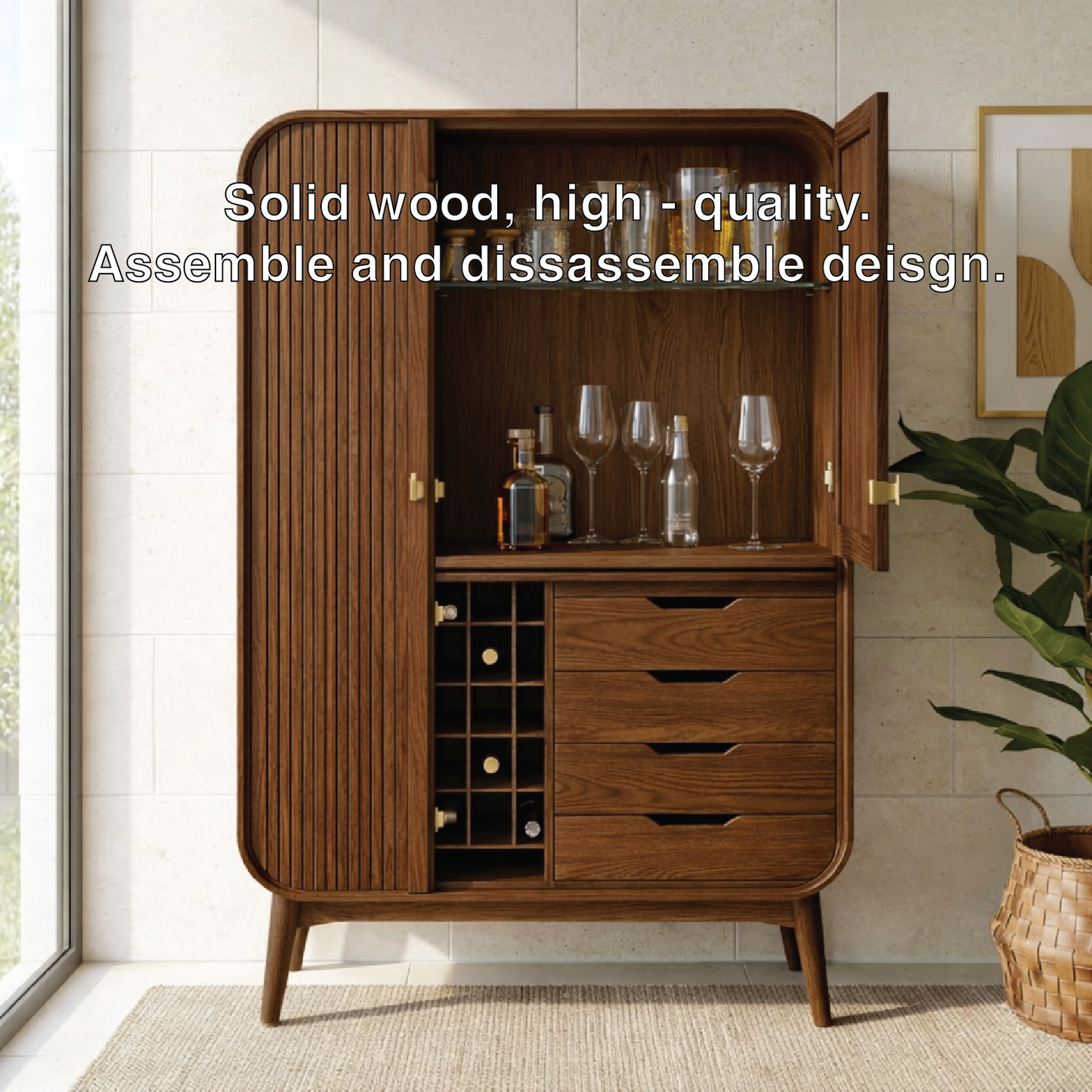 Modern Fluted Bar Cabinet with Wine Rack Drawers and Glass Display Storage