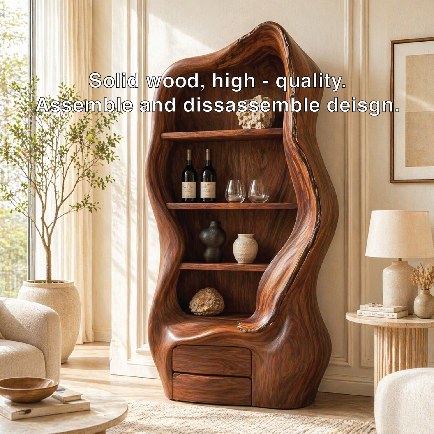 Sculptural Tall Wine Cabinet Organic Bar Storage Display Shelves Statement Furniture