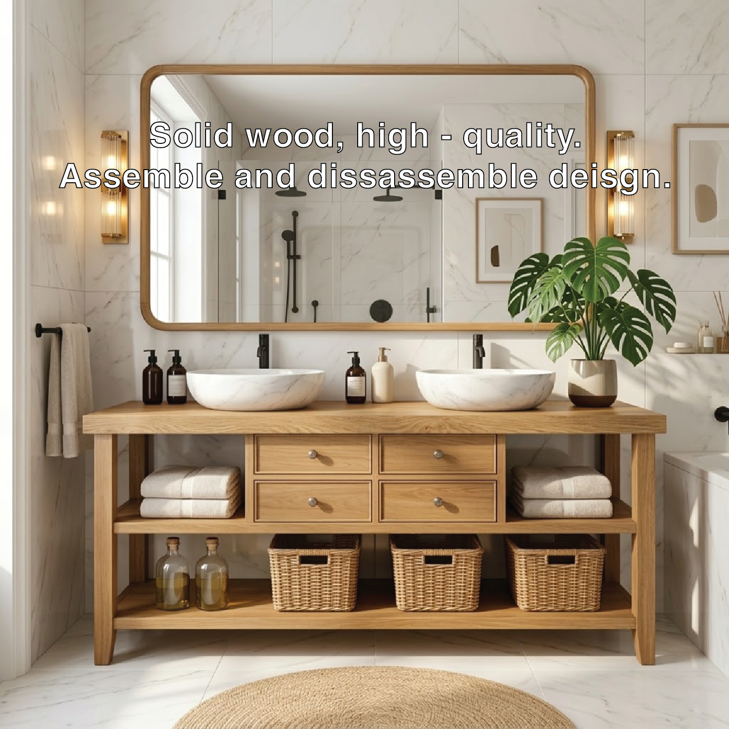 Modern Wooden Bathroom Vanity with Dual Marble Sinks and Ample Storage Kitchnce
