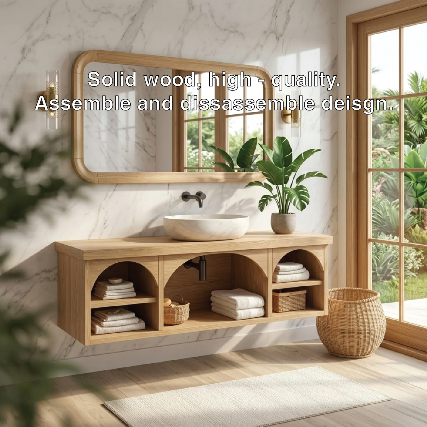Solid Wood Floating Vanity with Arched Storage and Modern Design Kitchnce