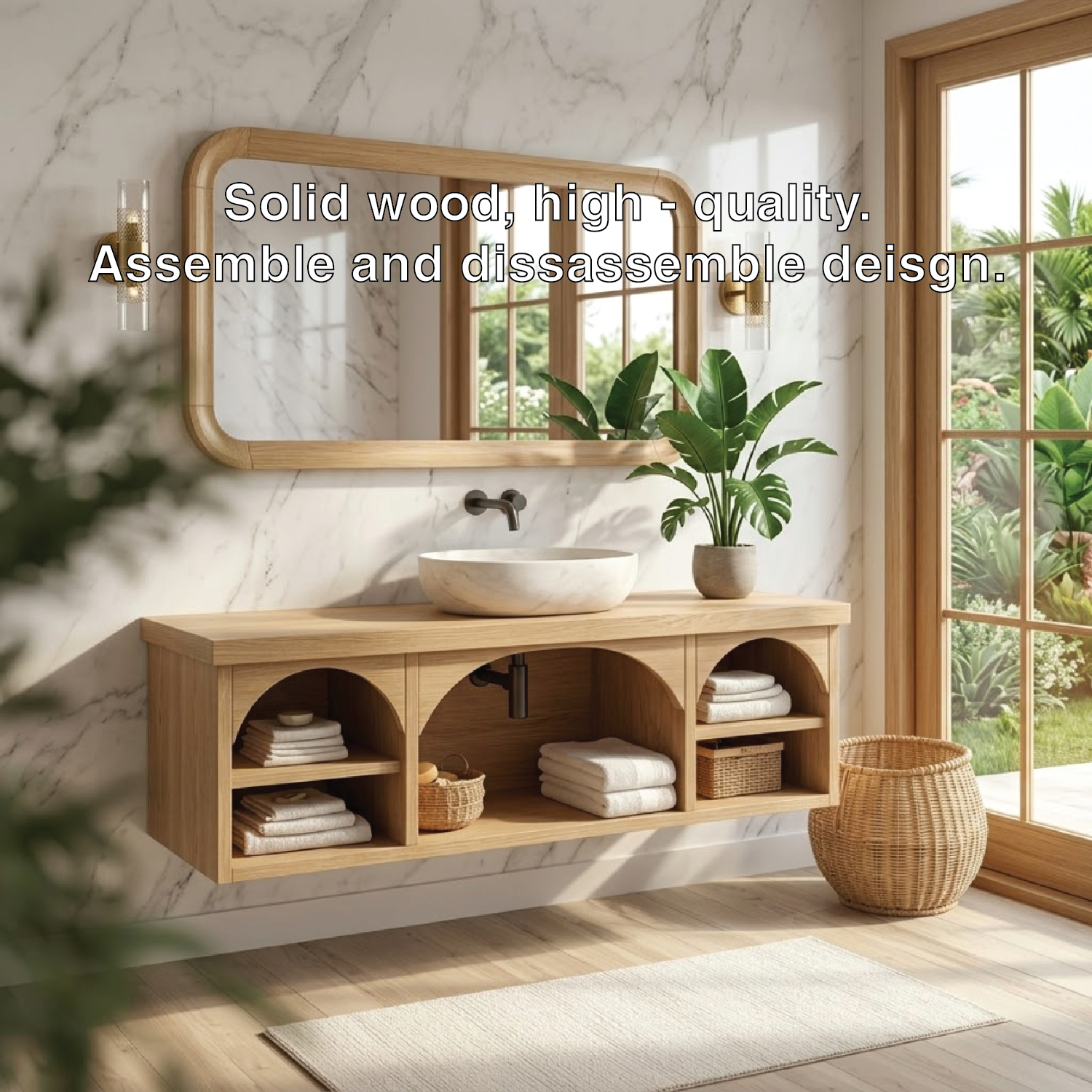 Solid Wood Floating Vanity with Arched Storage and Modern Design Kitchnce