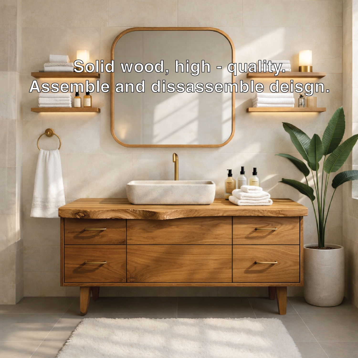 Modern Solid Wood Bathroom Vanity Cabinet With Drawers Mid-Century Style Kitchnce