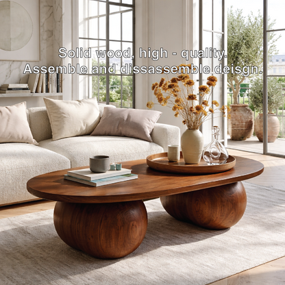 Modern Wooden Coffee Table with Round Sculptural Base