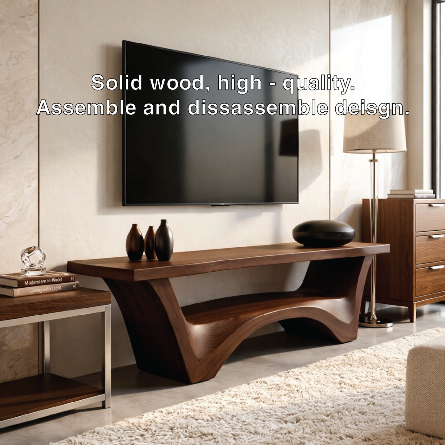 Solid Wood TV Stand with Sculptural Base, Modern Open Media Console