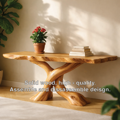 Solid Wood Entryway Console Table with Twisted Trunk Base and Natural Live Edge