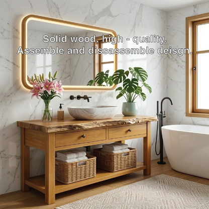 Modern Wooden Bathroom Vanity with Marble Sink and LED Mirror Kitchnce