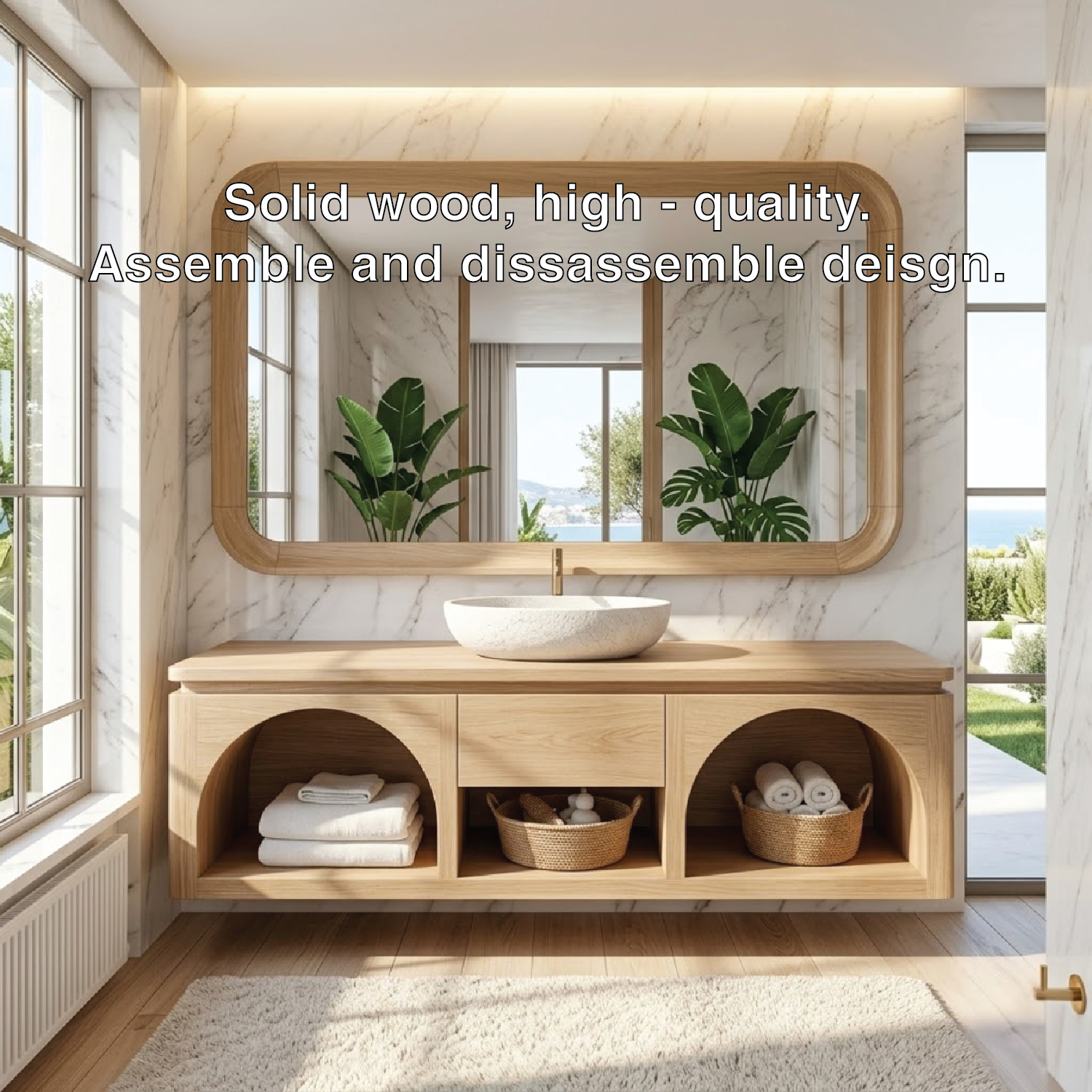 Modern Solid Wood Floating Vanity with Arched Shelves and Natural Finish Kitchnce