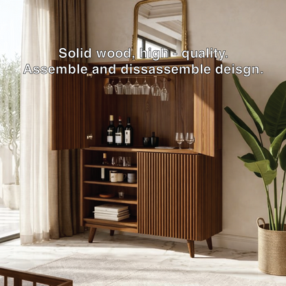 Modern Fluted Bar Cabinet with Wine Glass Rack and Concealed Storage Shelves