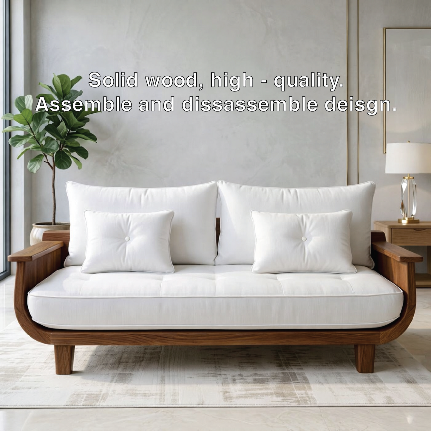 Modern Curved Solid Wood Sofa with White Tufted Cushions Mid Century Seating