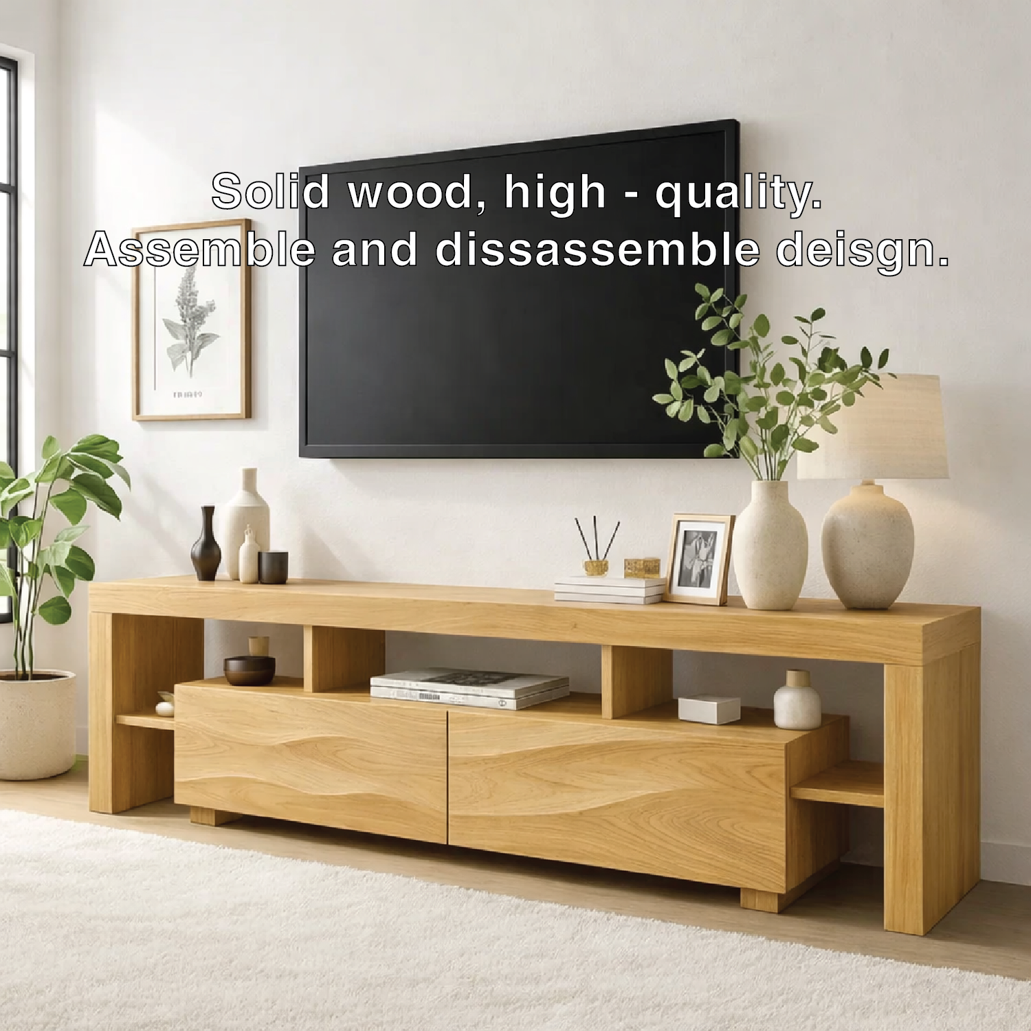 Modern Wave Front Wood TV Stand Long Media Console With Open Shelves Entertainment Center Kitchnce