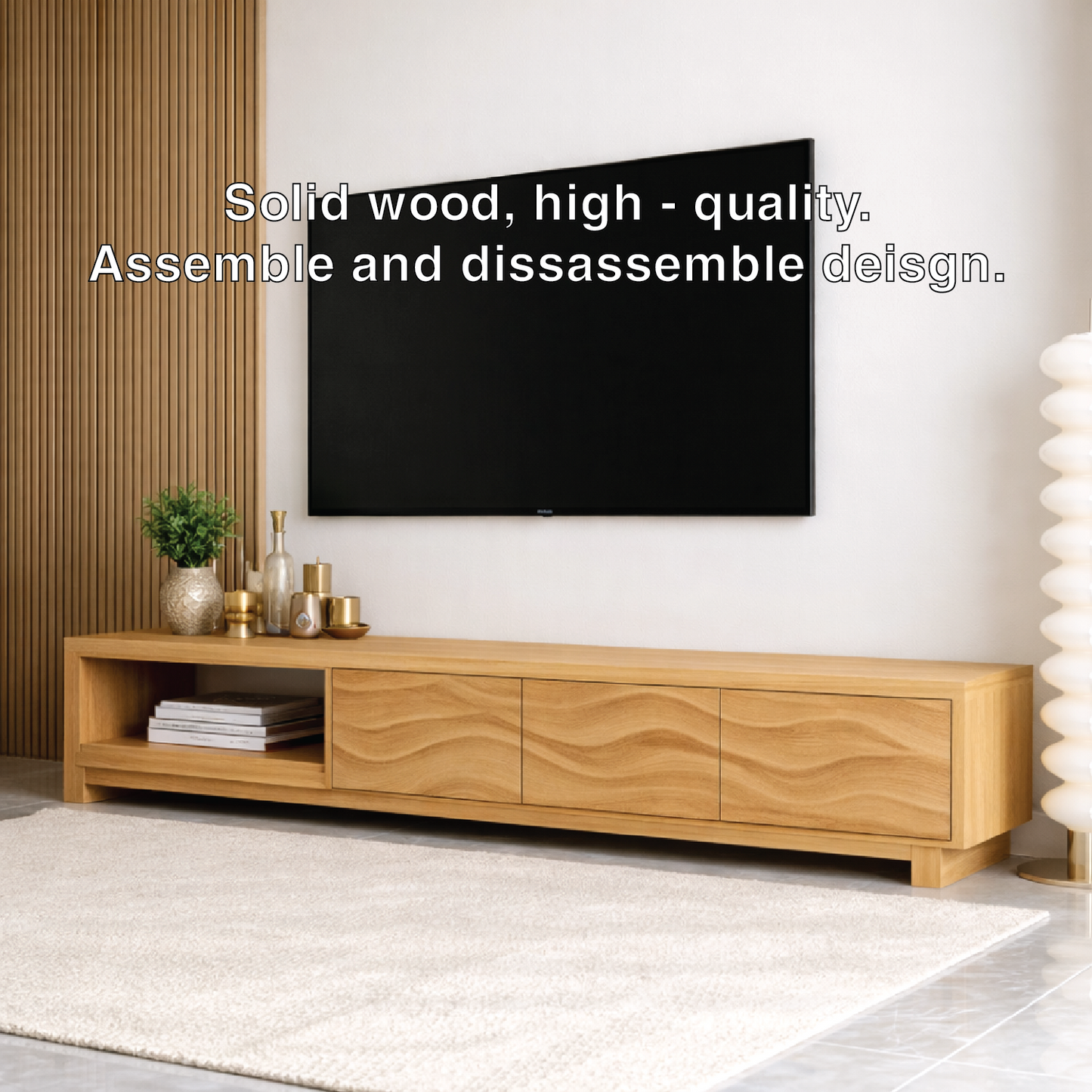 Mid Century Solid Wood TV Stand Wave Front Media Console Long Entertainment Unit Kitchnce