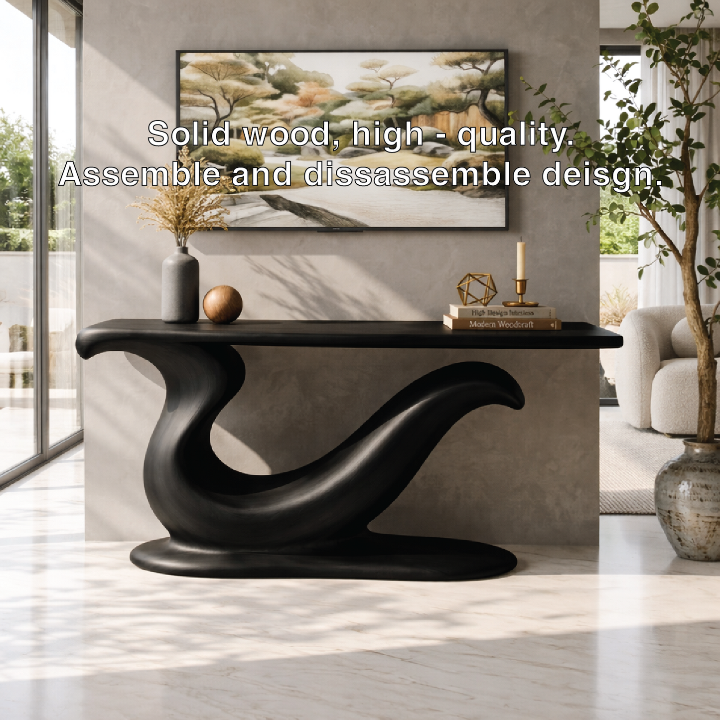 Solid Wood Console Table with Sculpted Curved Base, Modern Artistic Design
