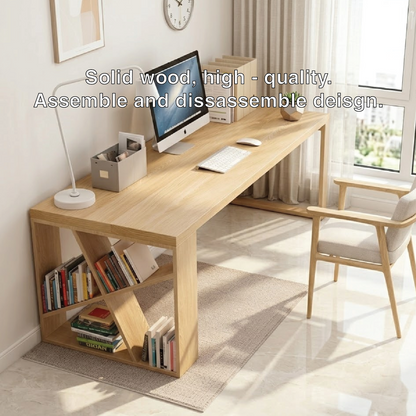 Modern Writing Desk with Bookshelf Base, Long Minimalist Home Office Workstation Table
